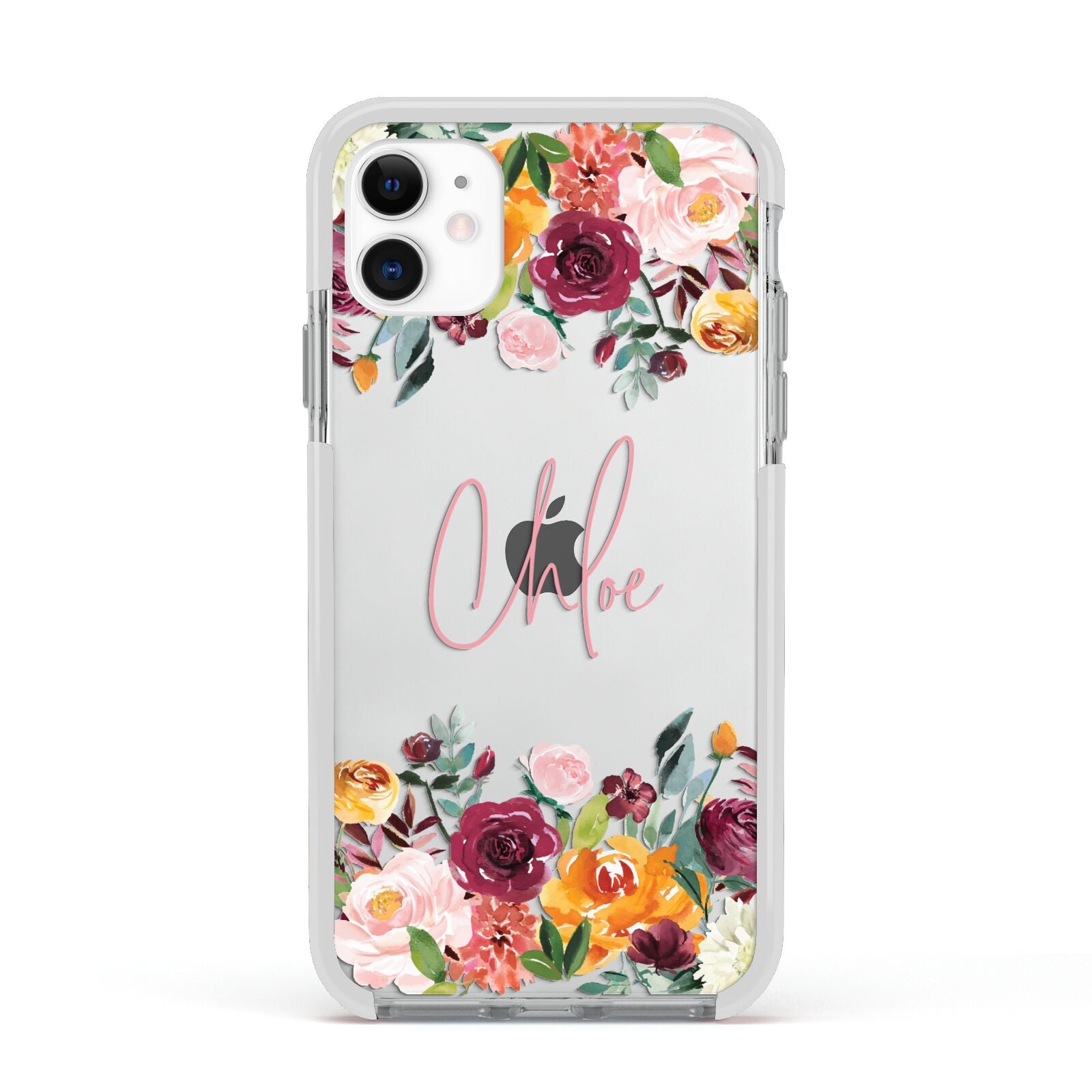 Personalised Name Transparent Flowers Apple iPhone 11 in White with White Impact Case