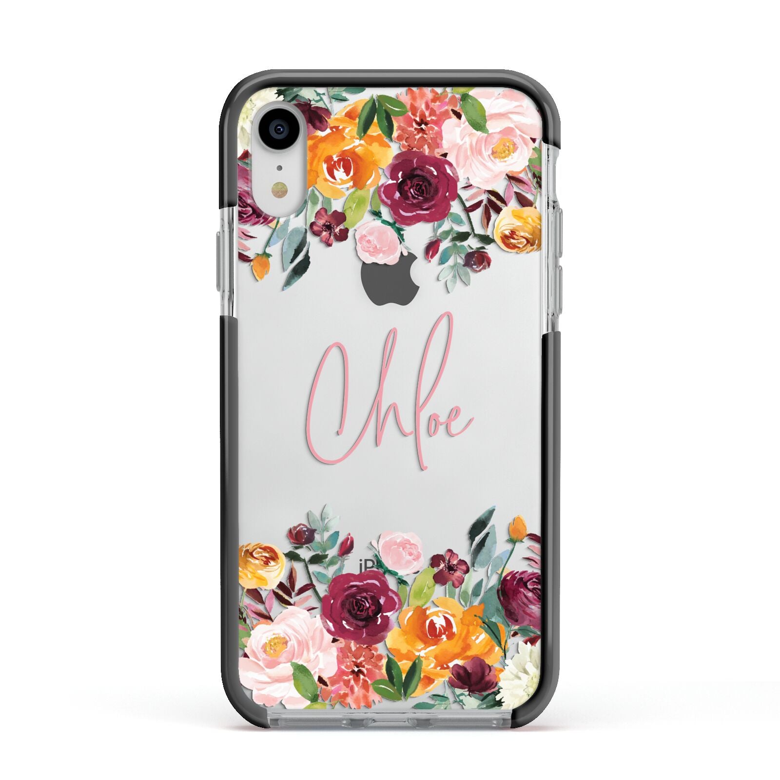 Personalised Name Transparent Flowers Apple iPhone XR Impact Case Black Edge on Silver Phone