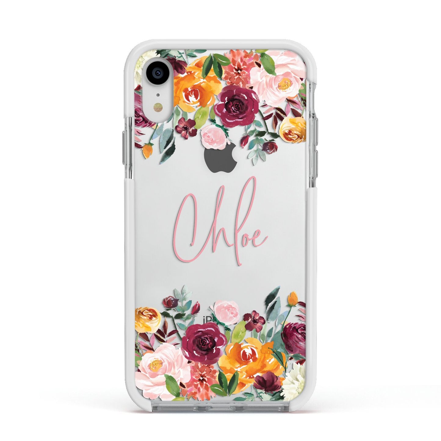 Personalised Name Transparent Flowers Apple iPhone XR Impact Case White Edge on Silver Phone