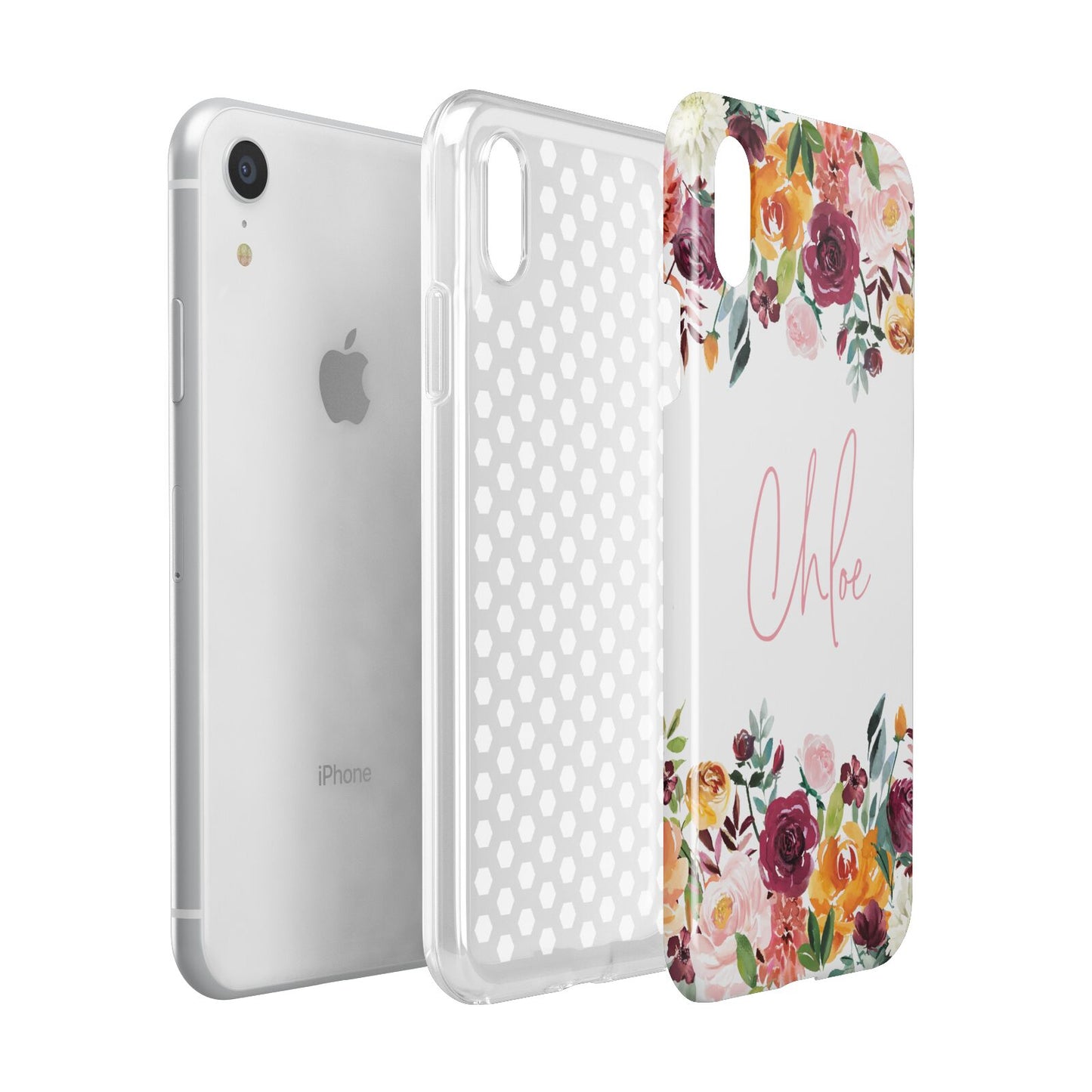 Personalised Name Transparent Flowers Apple iPhone XR White 3D Tough Case Expanded view
