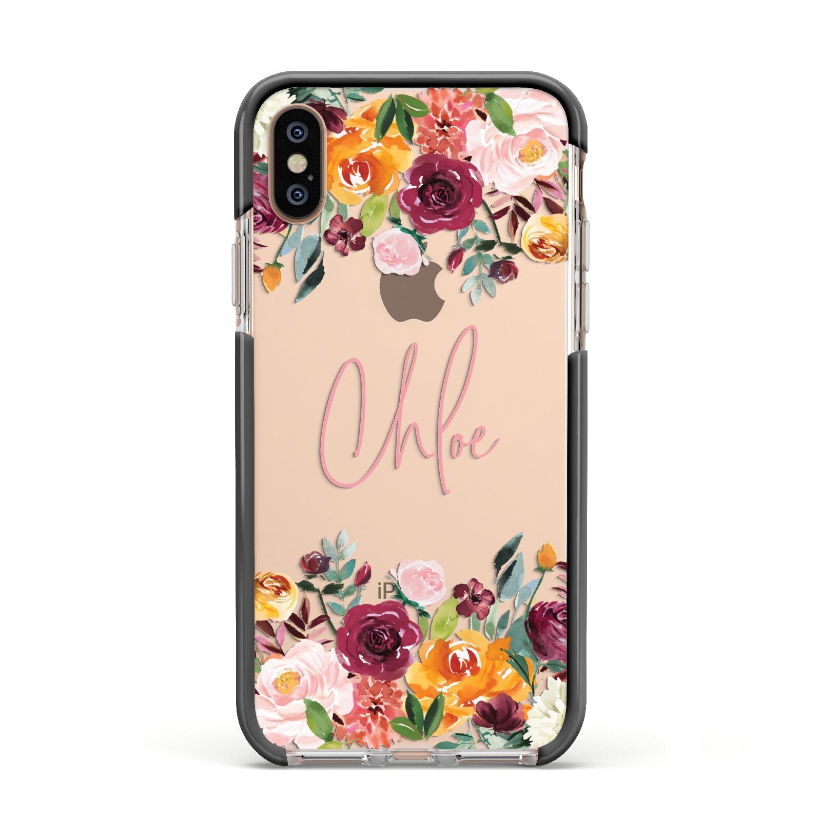 Personalised Name Transparent Flowers Apple iPhone Xs Impact Case Black Edge on Gold Phone