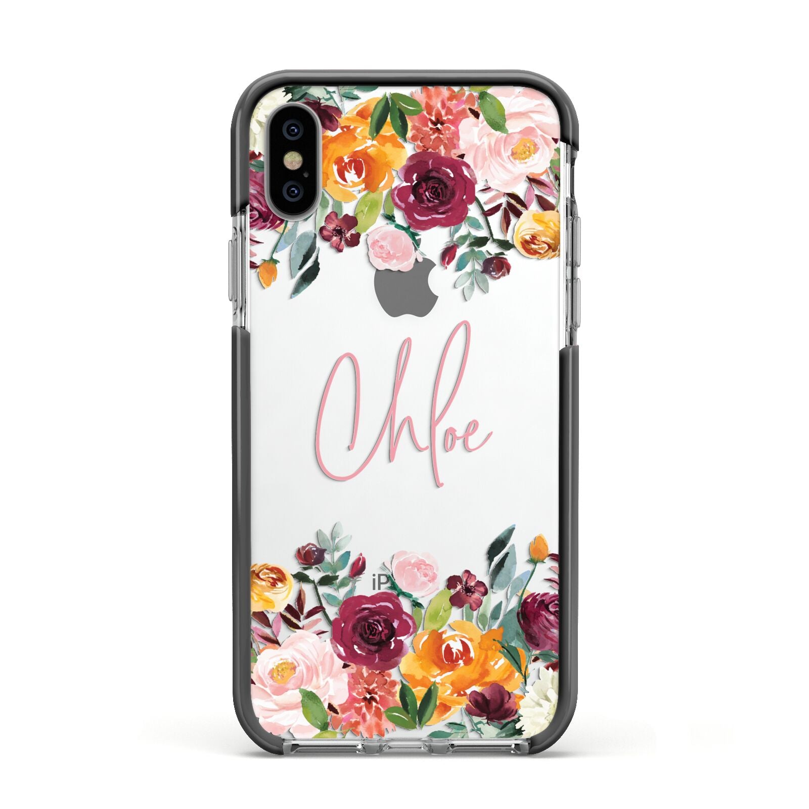 Personalised Name Transparent Flowers Apple iPhone Xs Impact Case Black Edge on Silver Phone