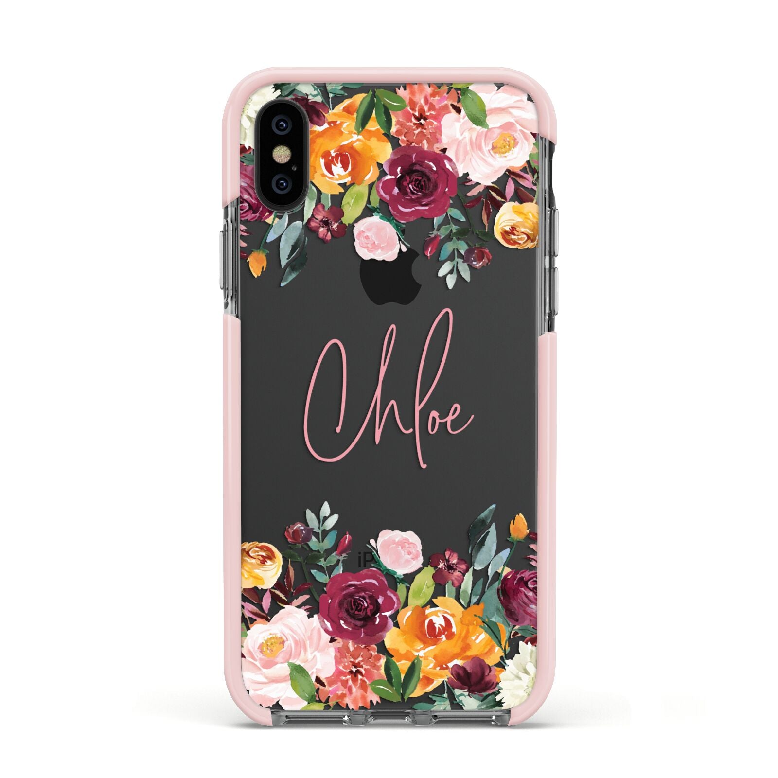 Personalised Name Transparent Flowers Apple iPhone Xs Impact Case Pink Edge on Black Phone