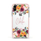 Personalised Name Transparent Flowers Apple iPhone Xs Impact Case Pink Edge on Silver Phone