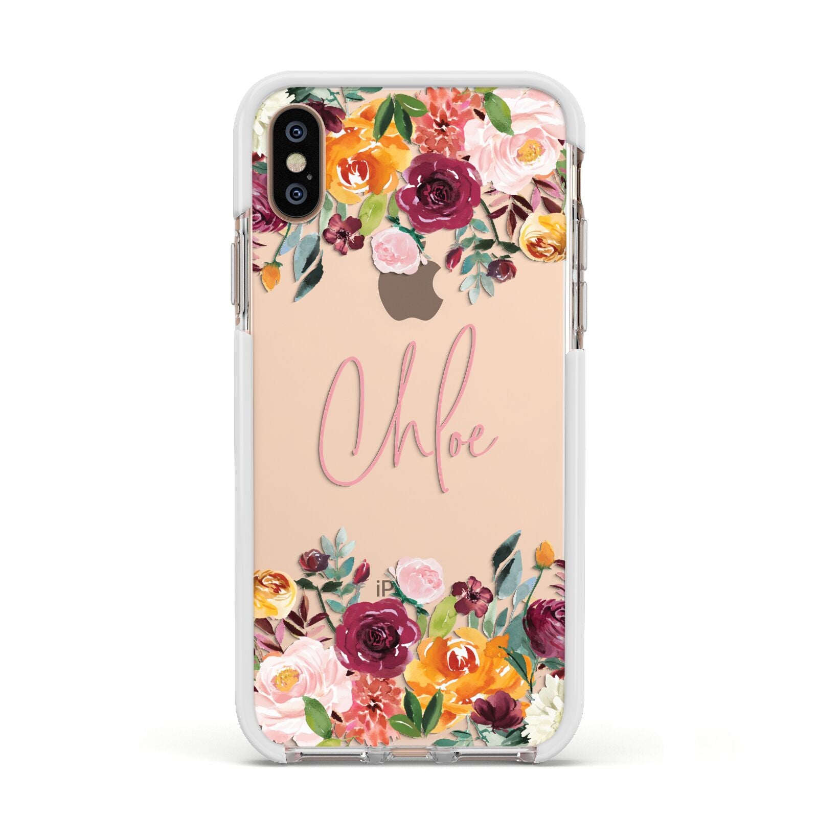 Personalised Name Transparent Flowers Apple iPhone Xs Impact Case White Edge on Gold Phone