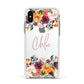 Personalised Name Transparent Flowers Apple iPhone Xs Impact Case White Edge on Silver Phone
