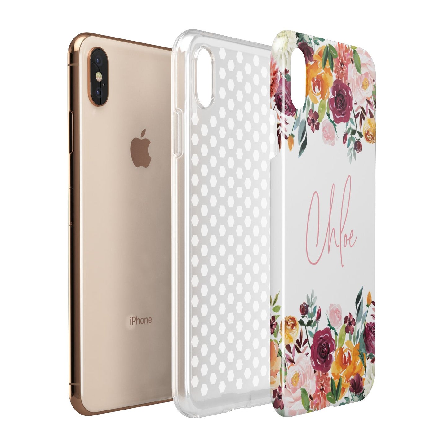 Personalised Name Transparent Flowers Apple iPhone Xs Max 3D Tough Case Expanded View