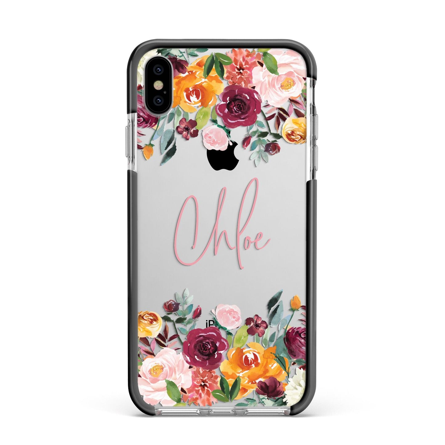 Personalised Name Transparent Flowers Apple iPhone Xs Max Impact Case Black Edge on Silver Phone