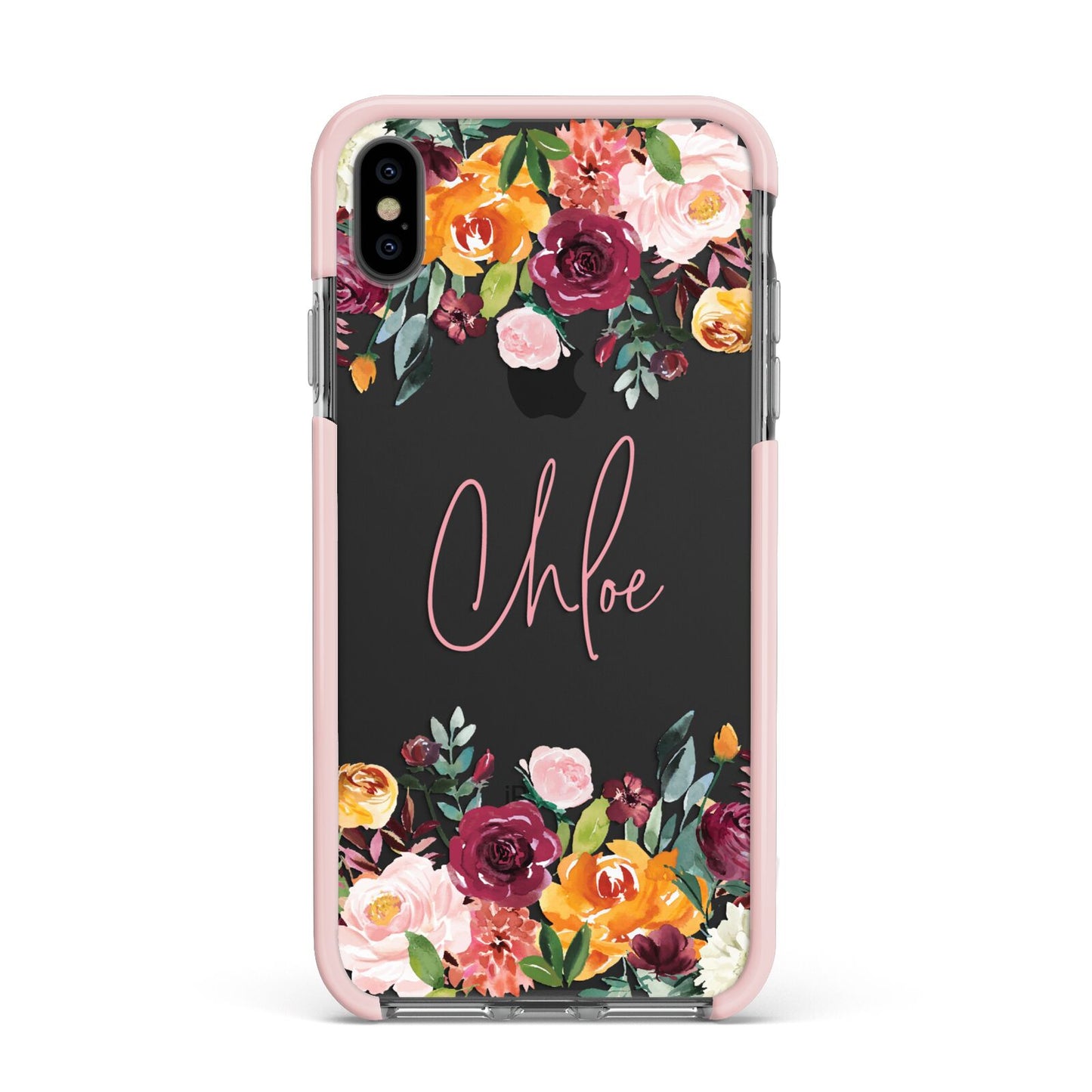 Personalised Name Transparent Flowers Apple iPhone Xs Max Impact Case Pink Edge on Black Phone