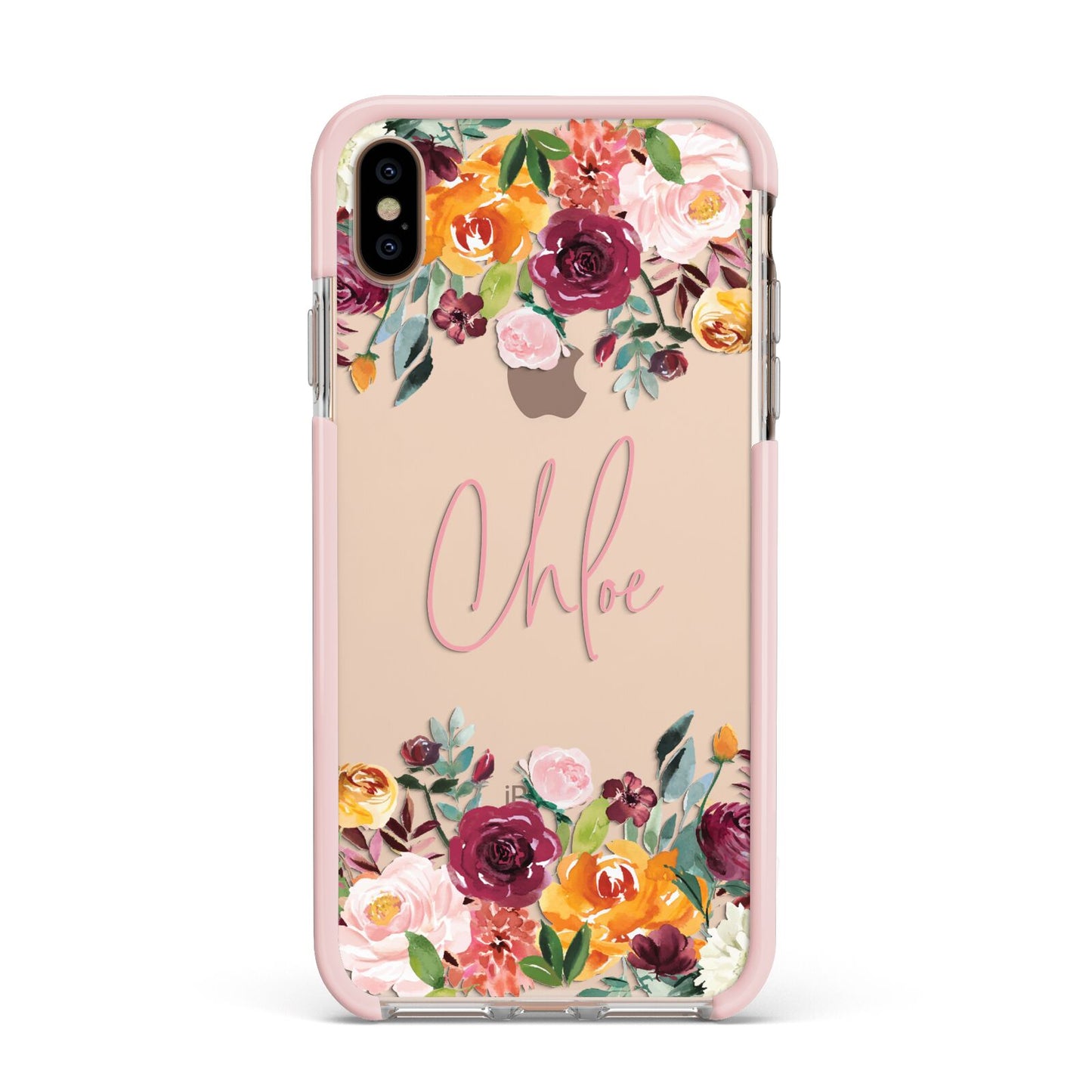 Personalised Name Transparent Flowers Apple iPhone Xs Max Impact Case Pink Edge on Gold Phone