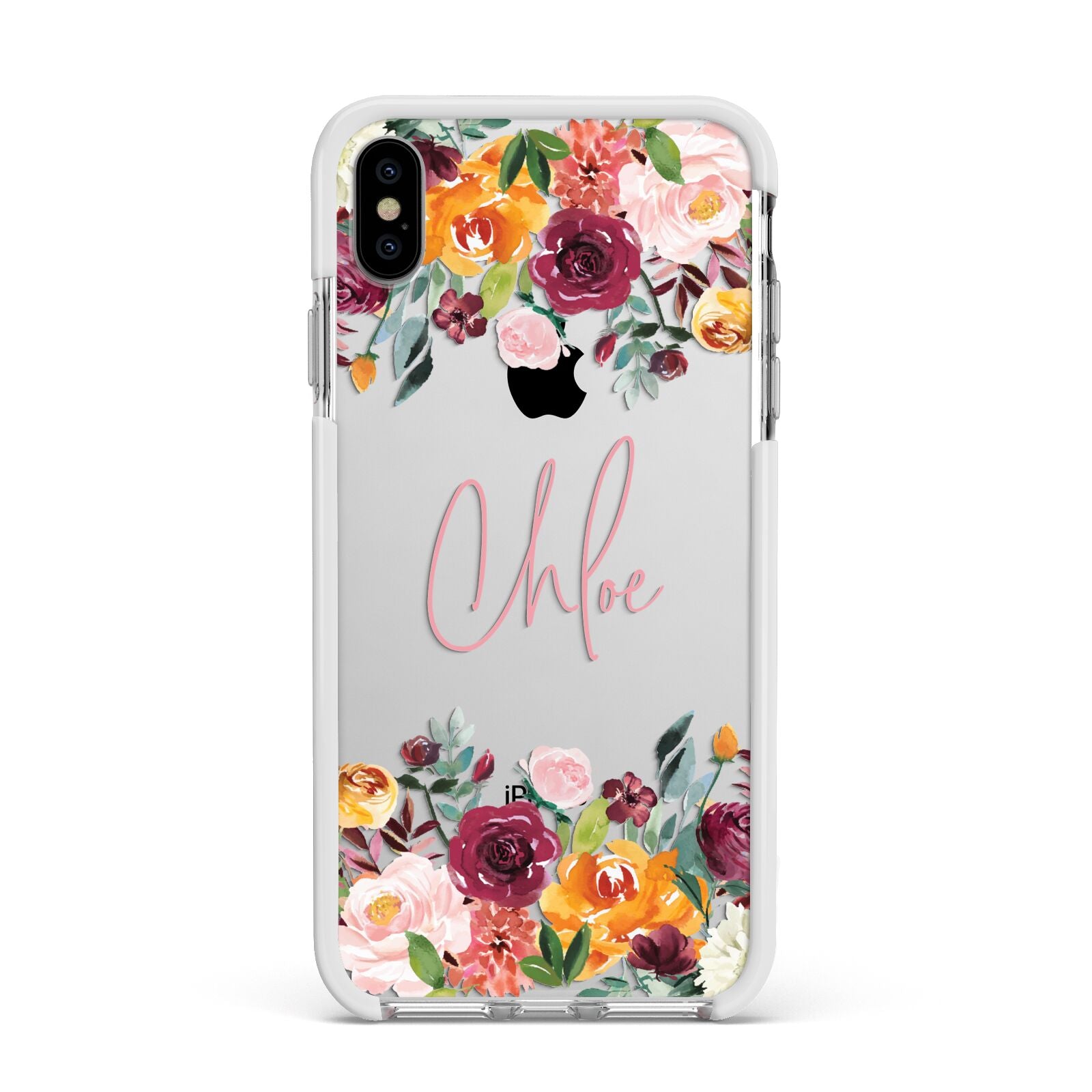 Personalised Name Transparent Flowers Apple iPhone Xs Max Impact Case White Edge on Silver Phone