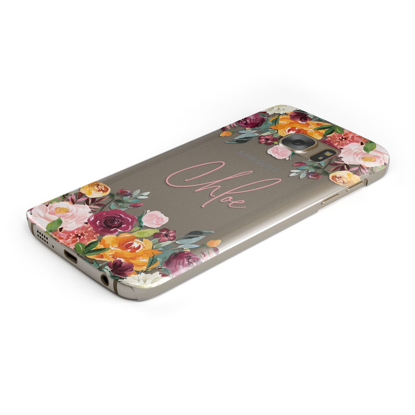 Personalised Name Transparent Flowers Protective Samsung Galaxy Case Angled Image