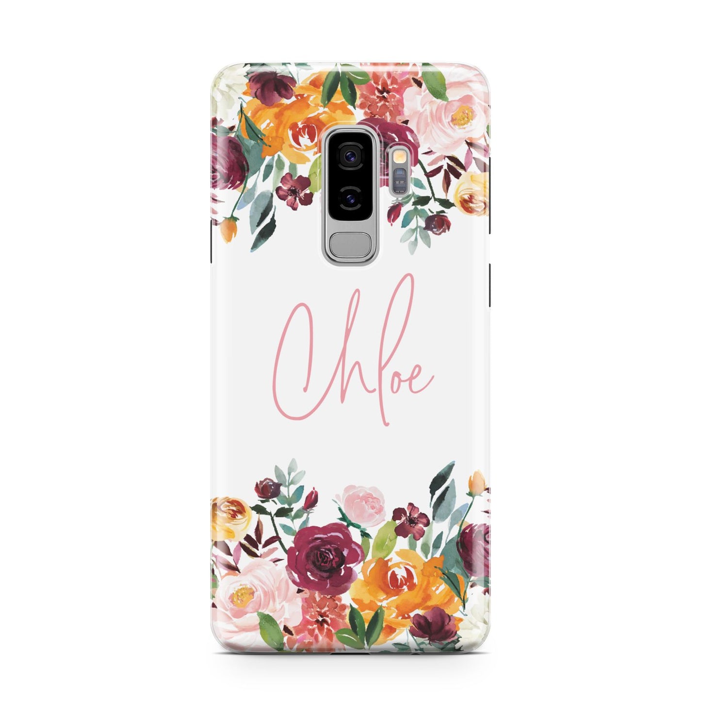 Personalised Name Transparent Flowers Samsung Galaxy S9 Plus Case on Silver phone