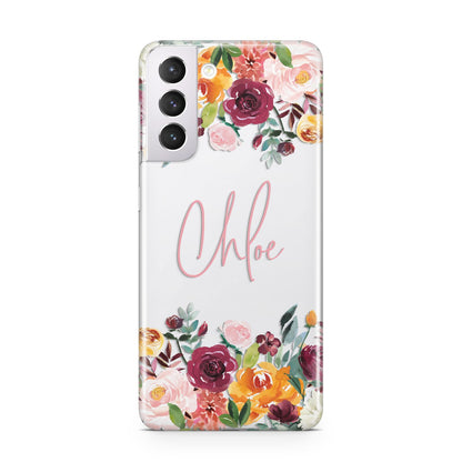 Personalised Name Transparent Flowers Samsung S21 Case