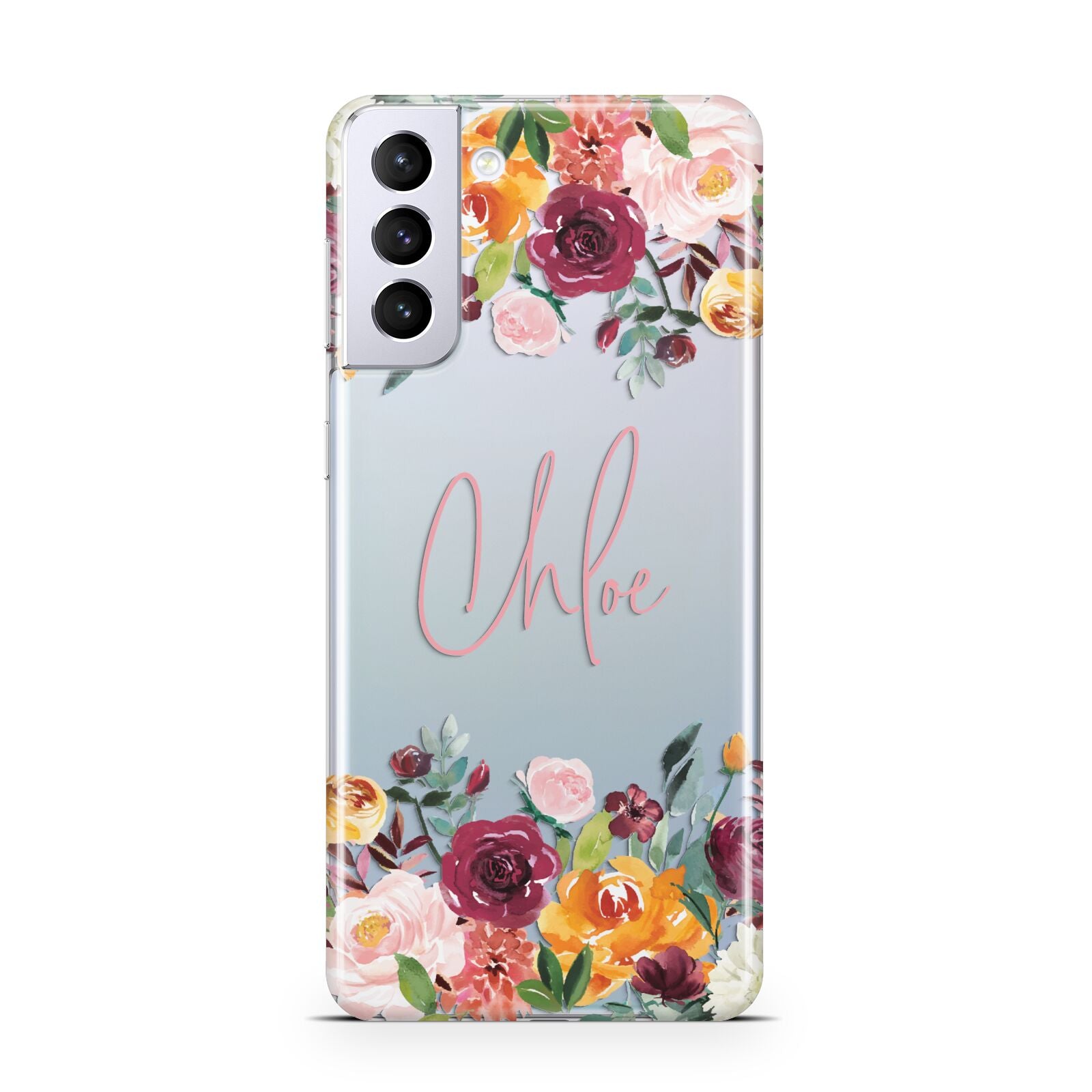 Personalised Name Transparent Flowers Samsung S21 Plus Case
