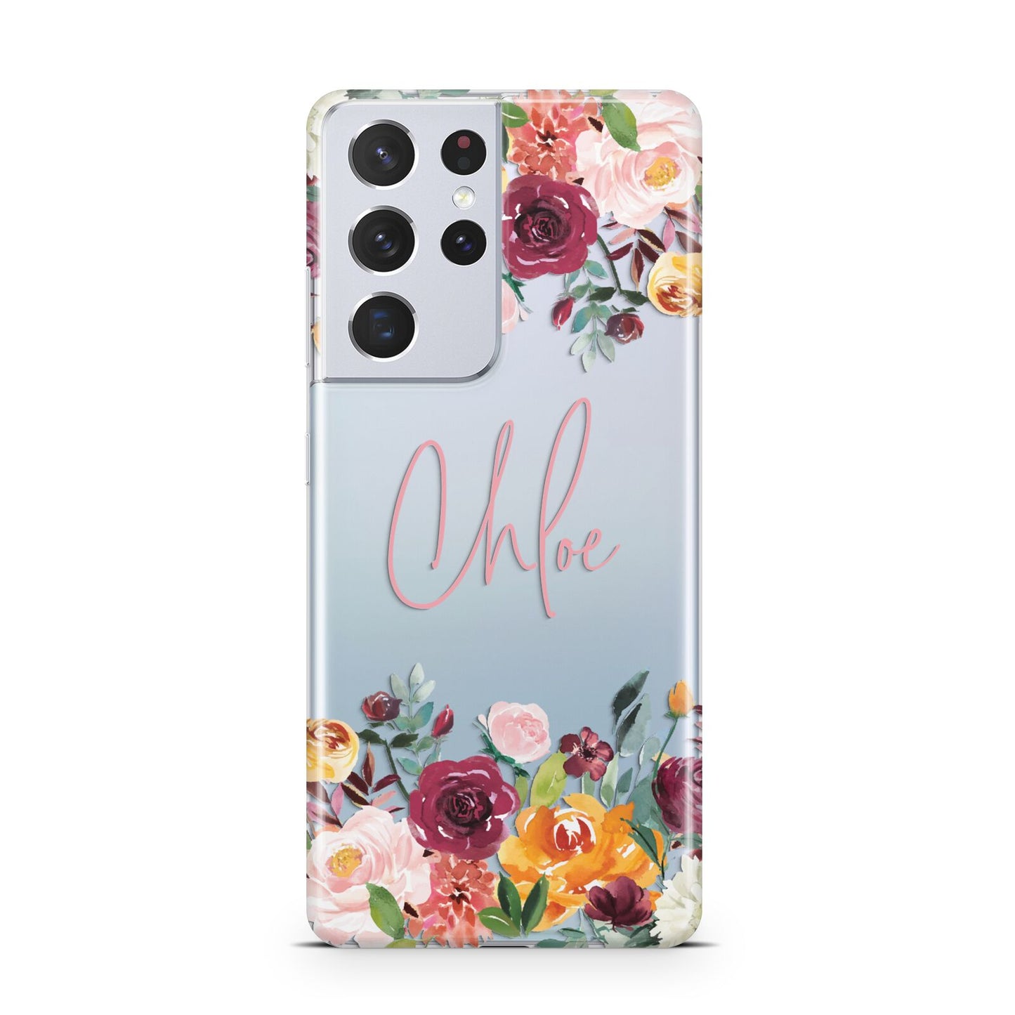 Personalised Name Transparent Flowers Samsung S21 Ultra Case