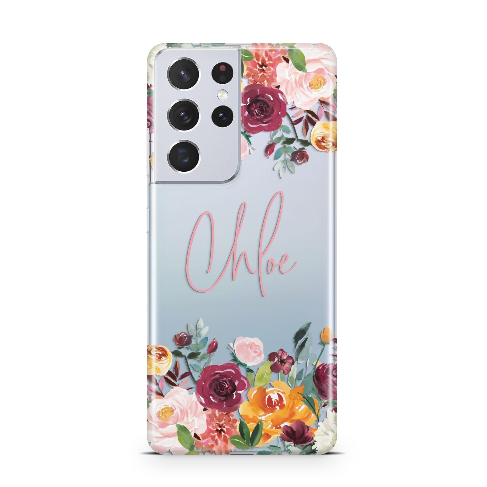 Personalised Name Transparent Flowers Samsung S21 Ultra Case