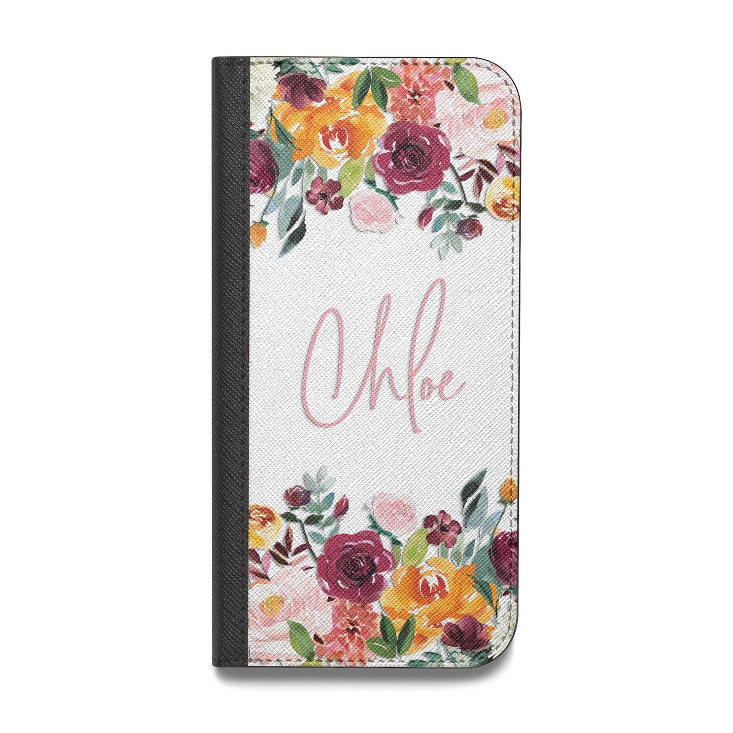 Personalised Name Transparent Flowers Vegan Leather Flip iPhone Case