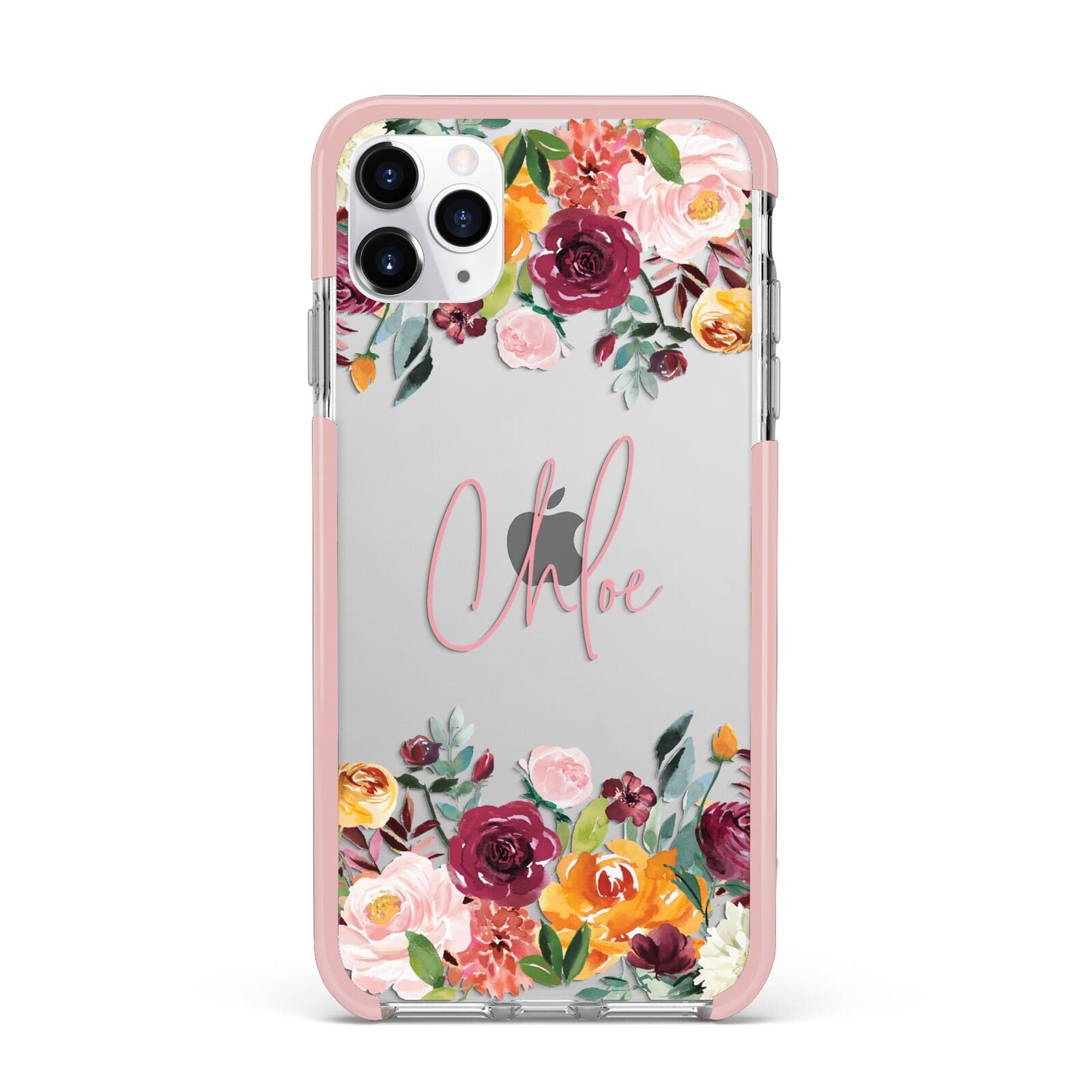 Personalised Name Transparent Flowers iPhone 11 Pro Max Impact Pink Edge Case