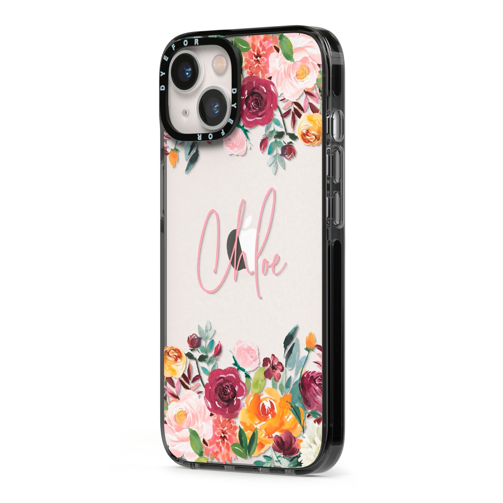 Personalised Name Transparent Flowers iPhone 13 Black Impact Case Side Angle on Silver phone