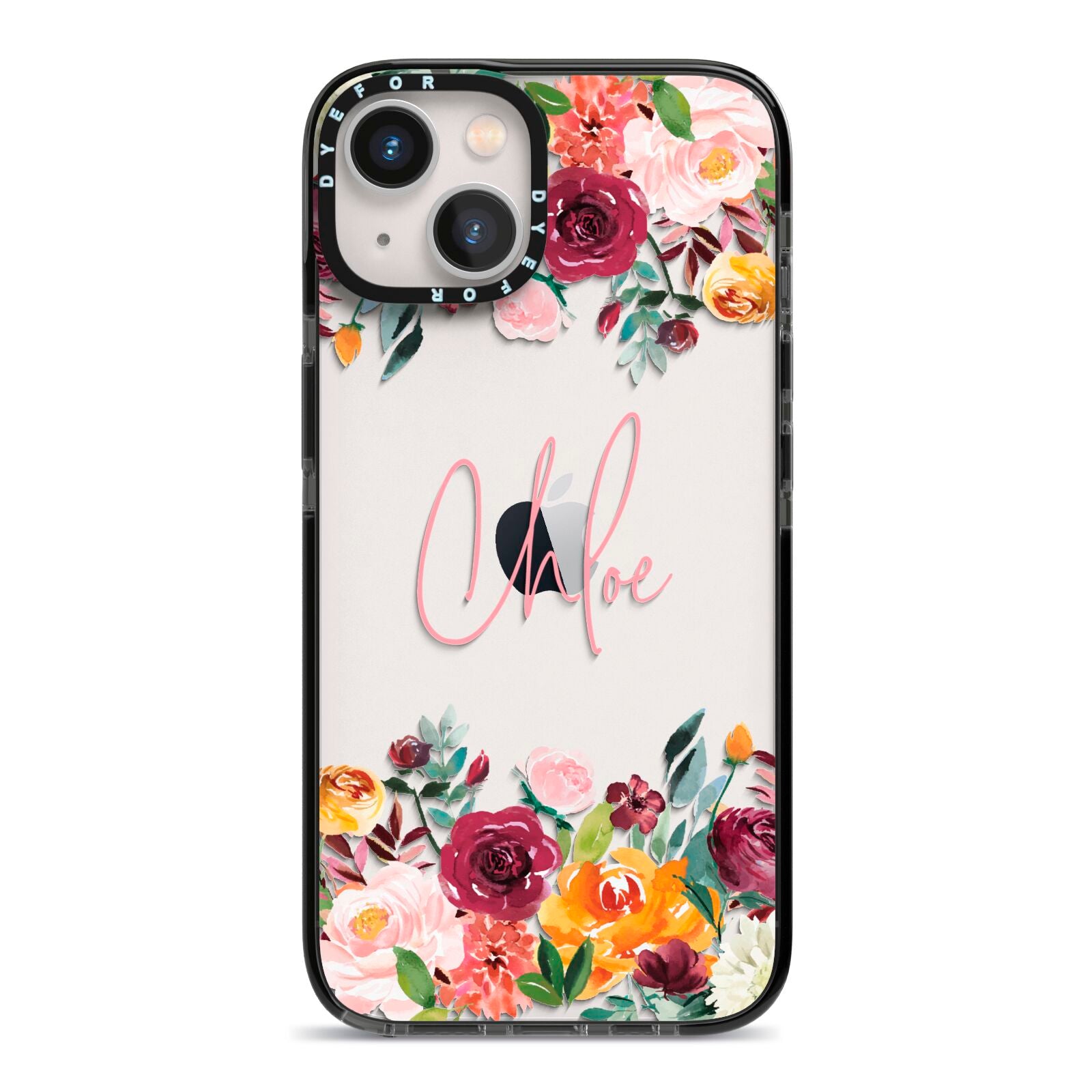 Personalised Name Transparent Flowers iPhone 13 Black Impact Case on Silver phone
