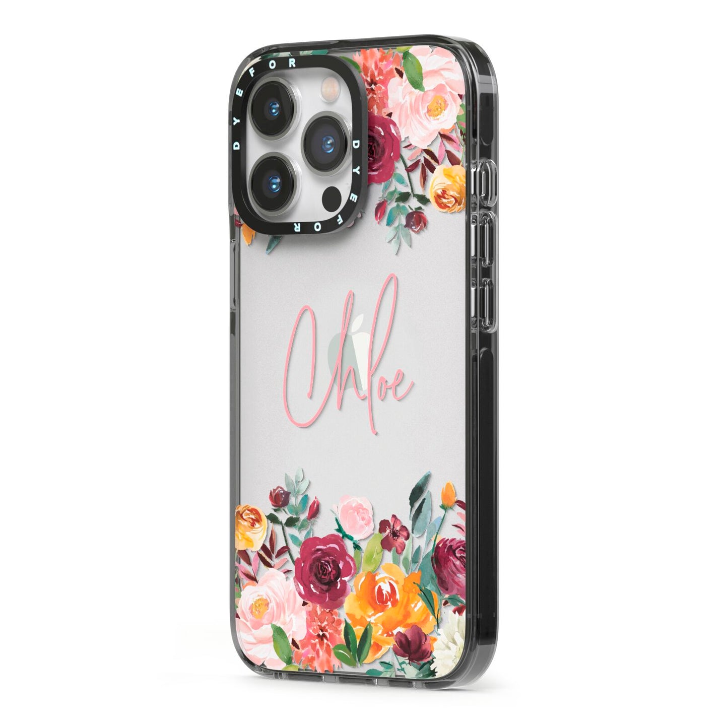 Personalised Name Transparent Flowers iPhone 13 Pro Black Impact Case Side Angle on Silver phone