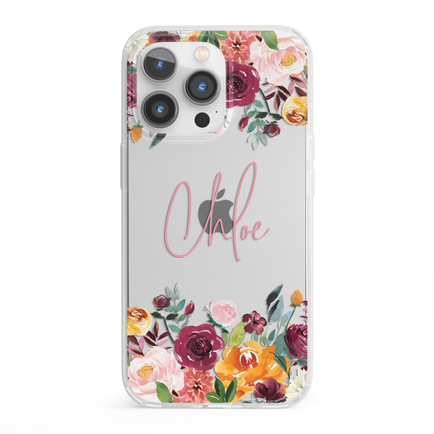 Personalised Name Transparent Flowers iPhone 13 Pro Clear Bumper Case