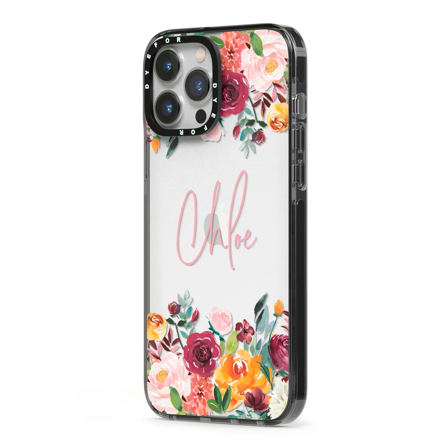 Personalised Name Transparent Flowers iPhone 13 Pro Max Black Impact Case Side Angle on Silver phone