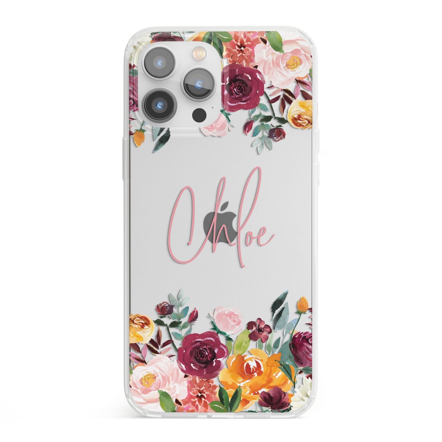 Personalised Name Transparent Flowers iPhone 13 Pro Max Clear Bumper Case