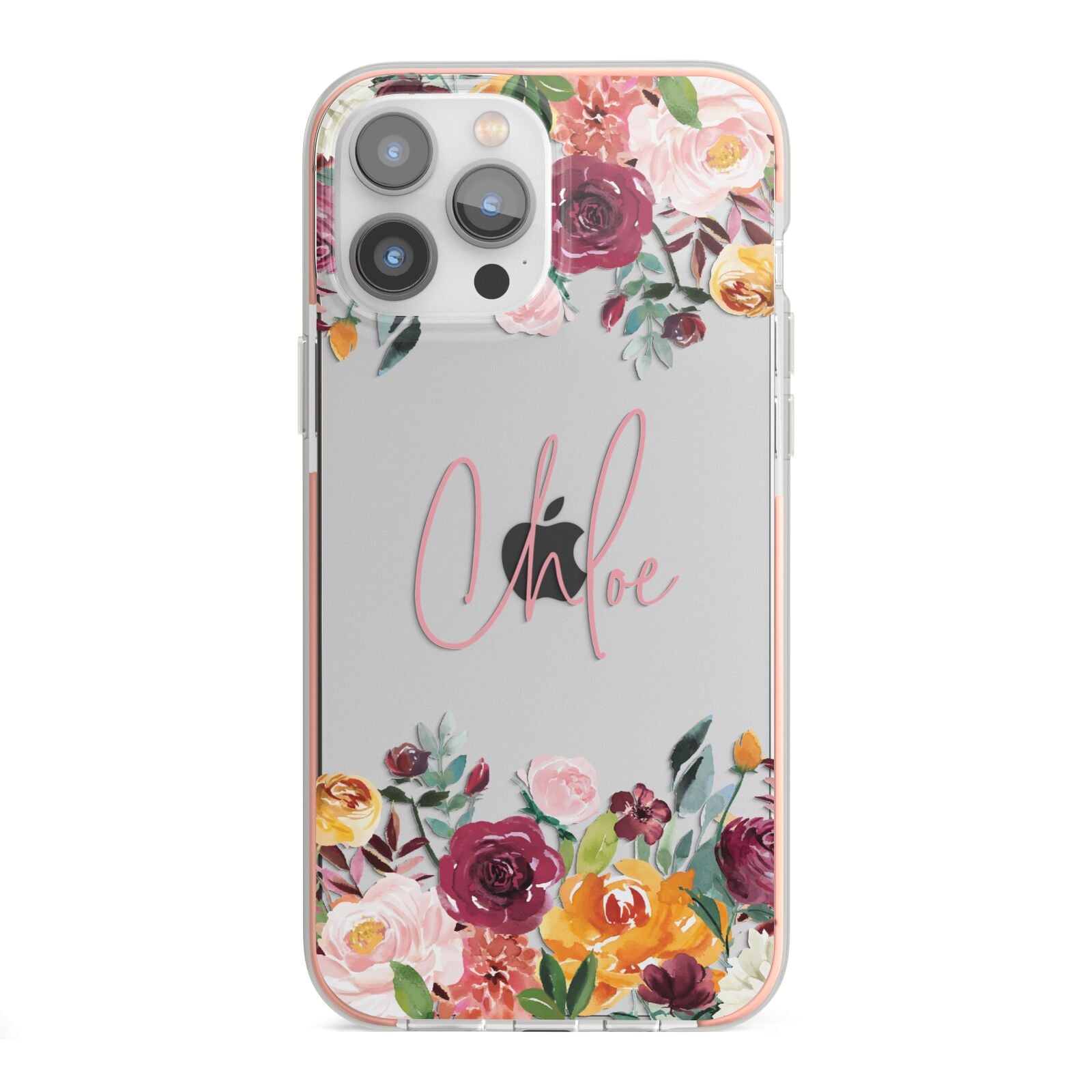 Personalised Name Transparent Flowers iPhone 13 Pro Max TPU Impact Case with Pink Edges