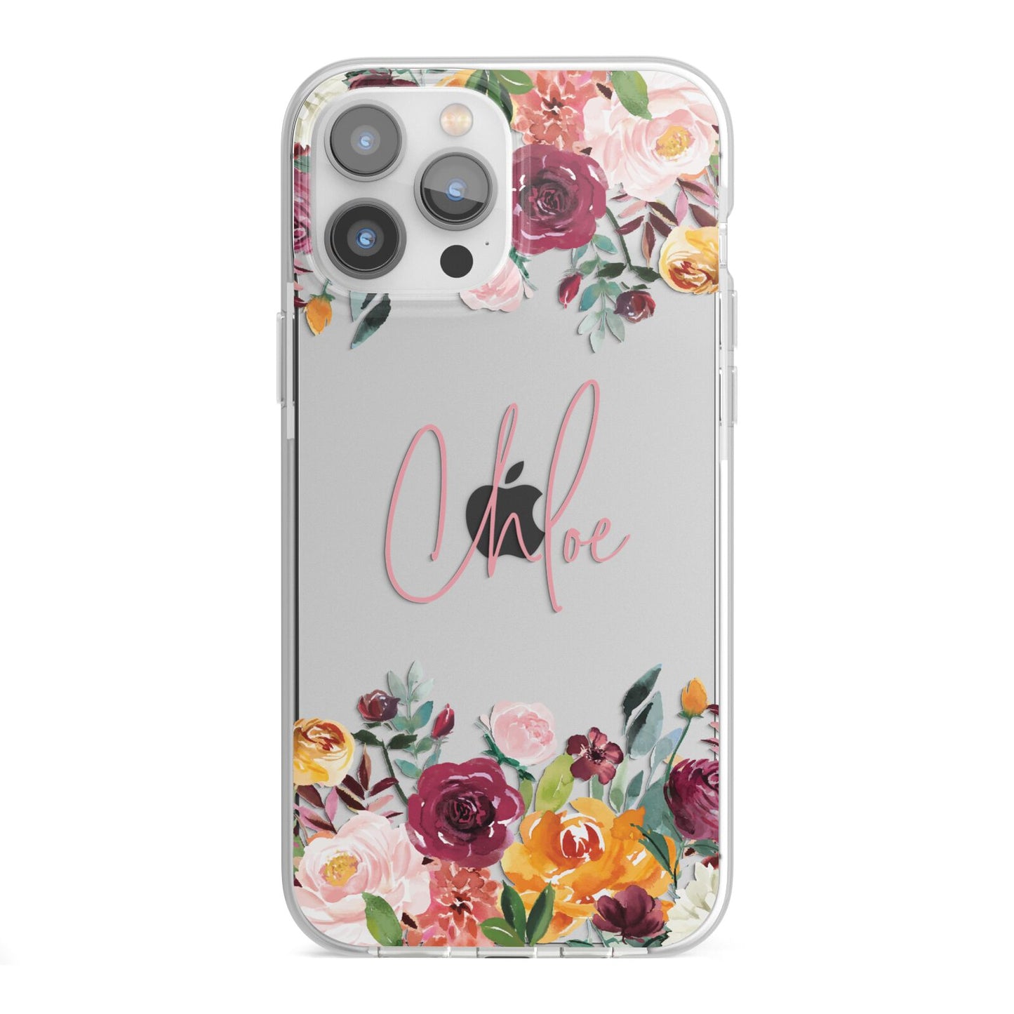 Personalised Name Transparent Flowers iPhone 13 Pro Max TPU Impact Case with White Edges