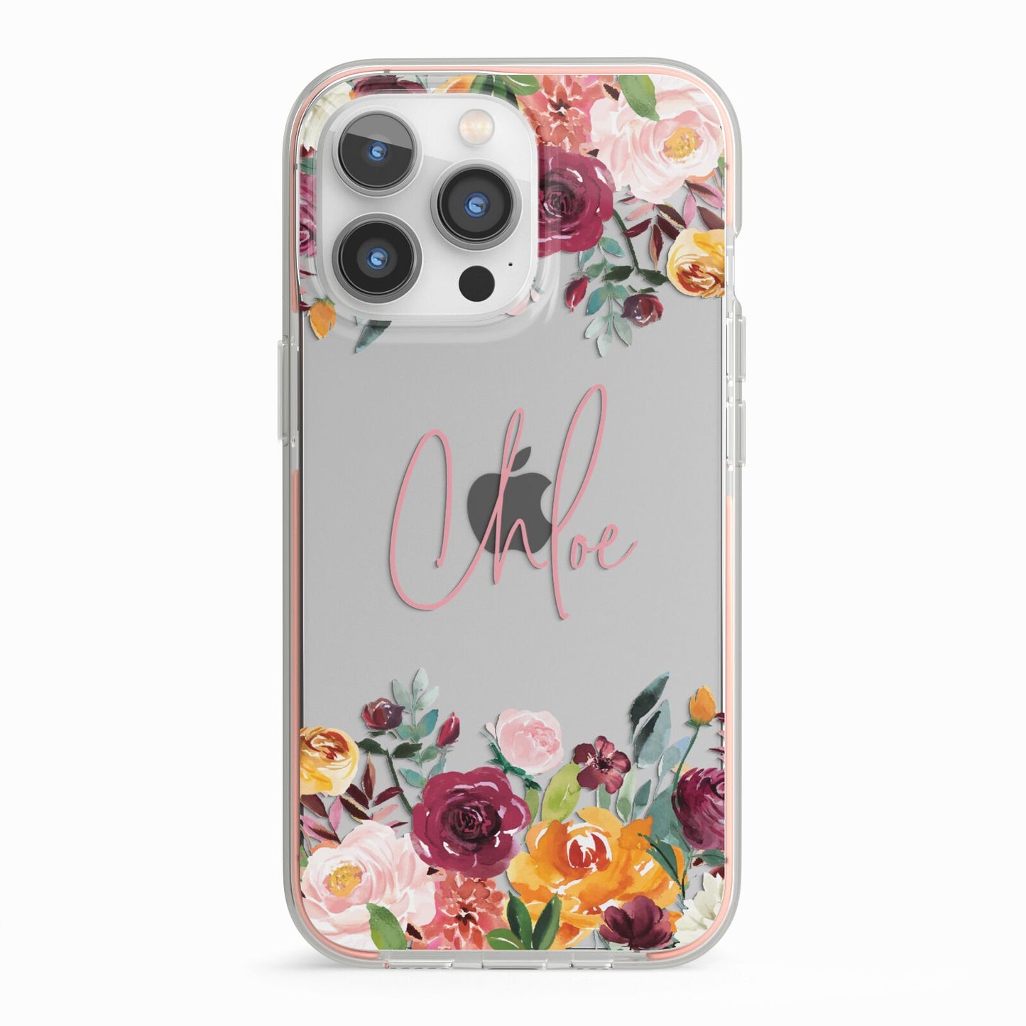Personalised Name Transparent Flowers iPhone 13 Pro TPU Impact Case with Pink Edges