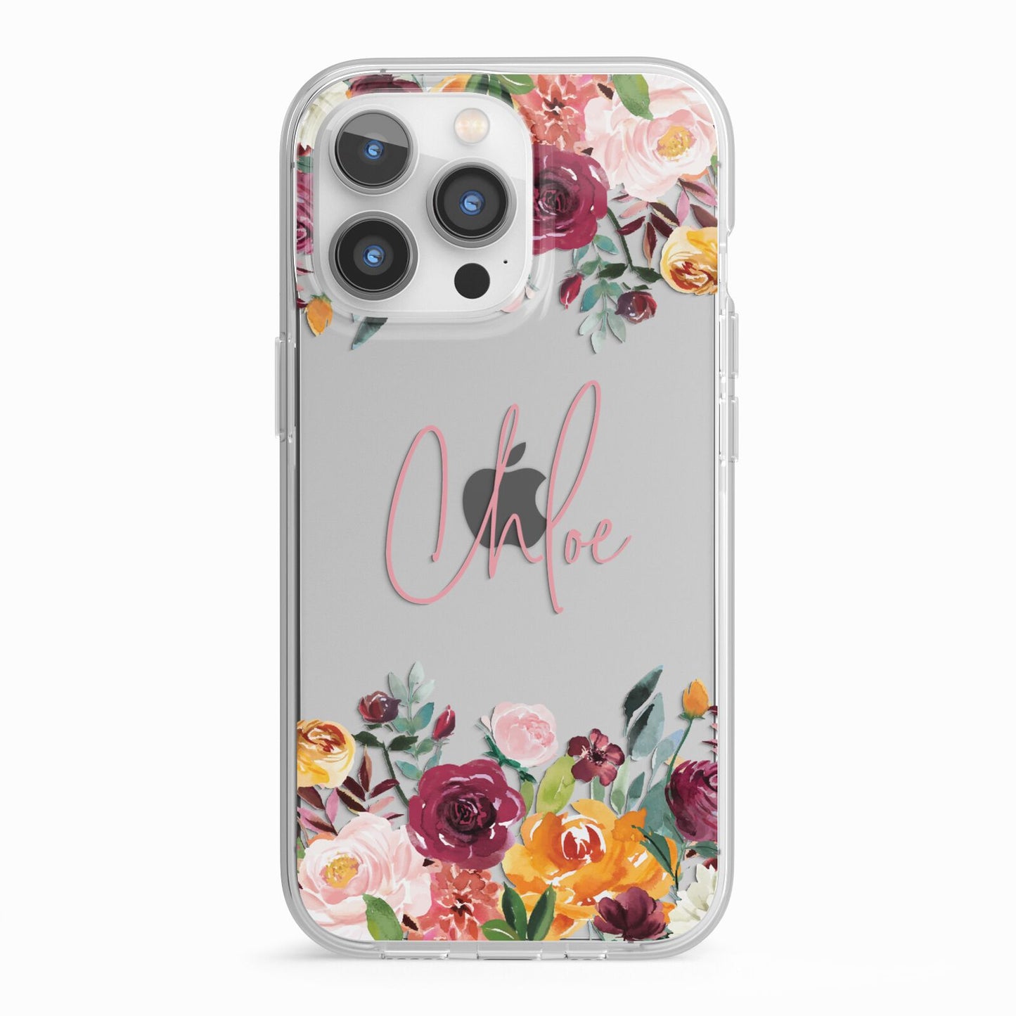 Personalised Name Transparent Flowers iPhone 13 Pro TPU Impact Case with White Edges