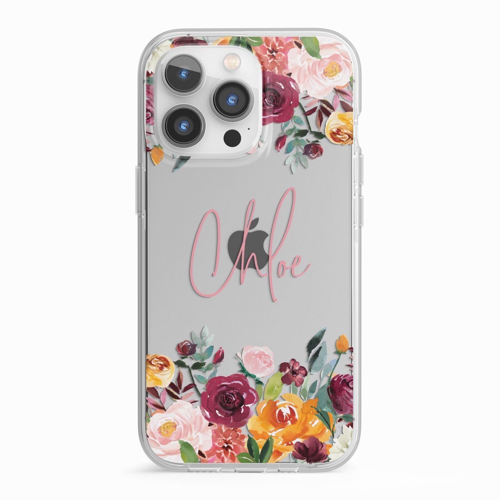 Personalised Name Transparent Flowers iPhone 13 Pro TPU Impact Case with White Edges
