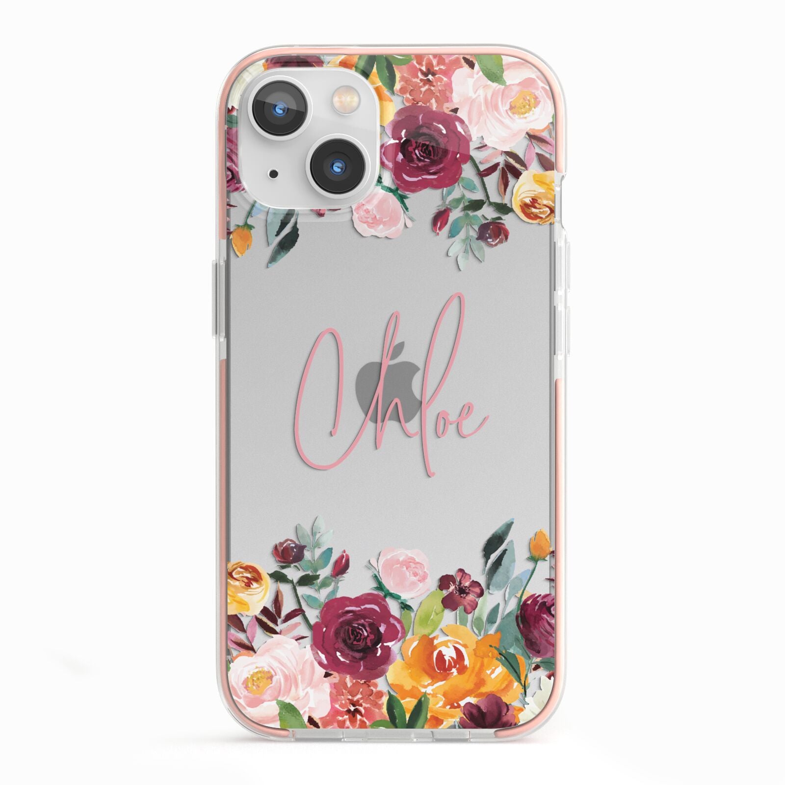 Personalised Name Transparent Flowers iPhone 13 TPU Impact Case with Pink Edges