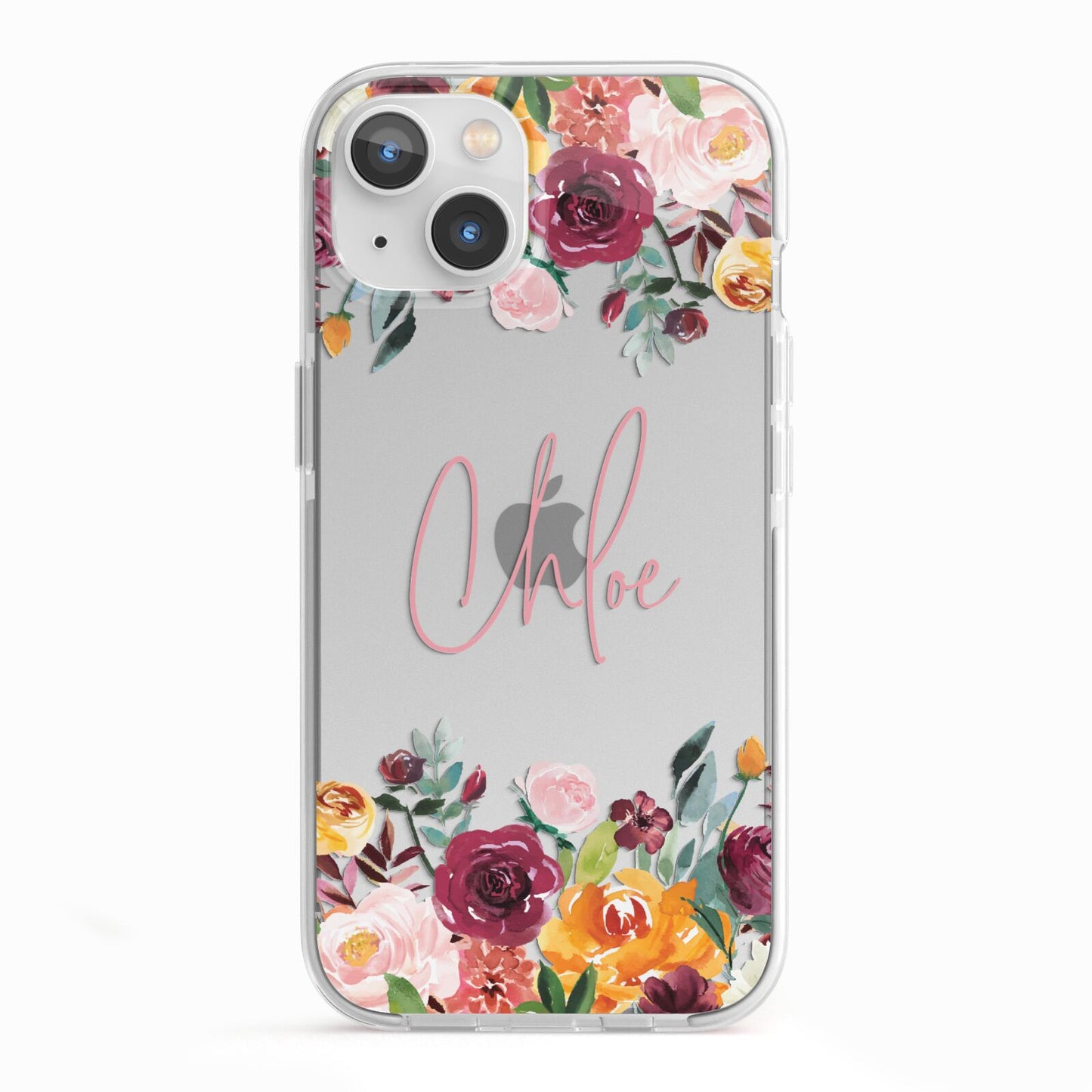 Personalised Name Transparent Flowers iPhone 13 TPU Impact Case with White Edges