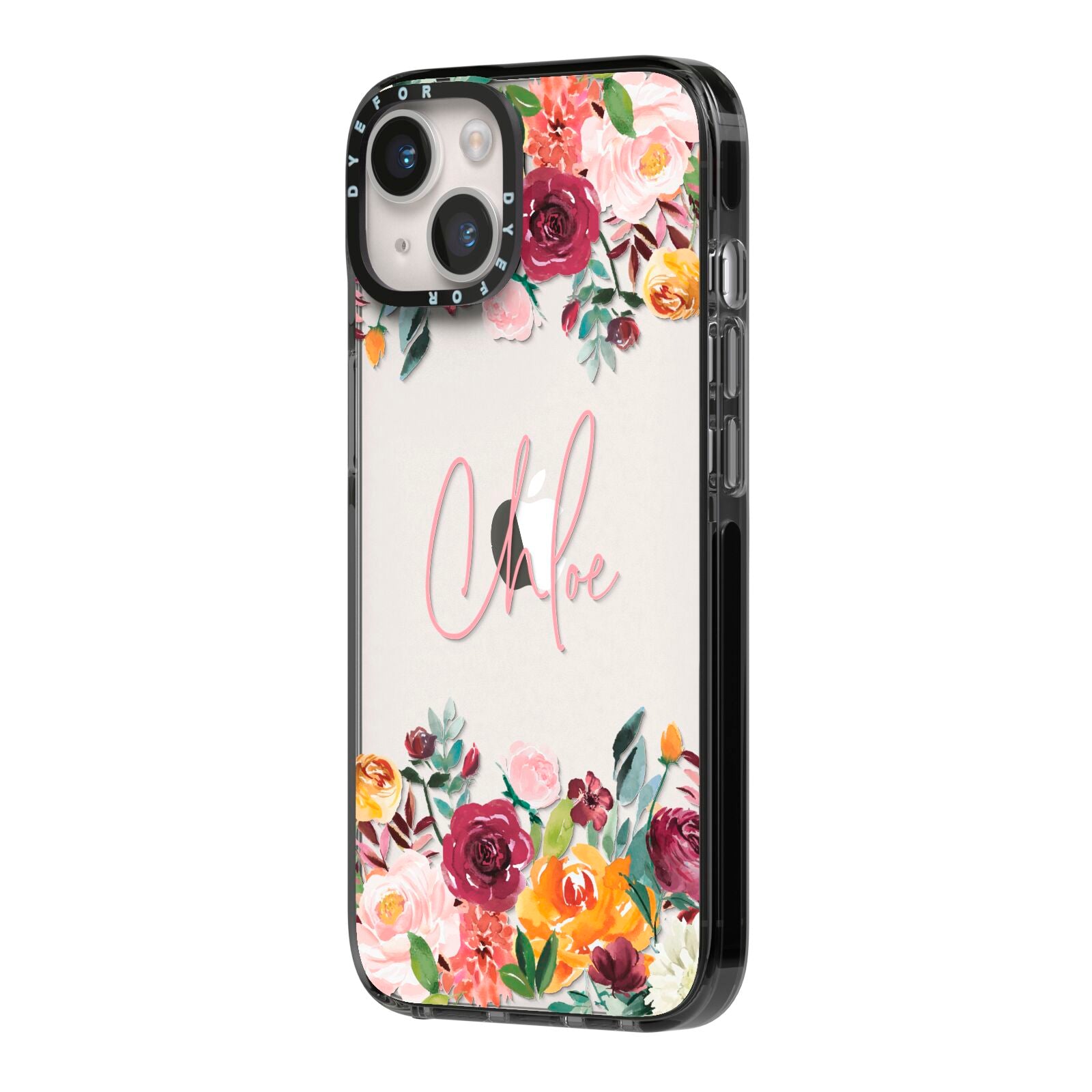 Personalised Name Transparent Flowers iPhone 14 Black Impact Case Side Angle on Silver phone