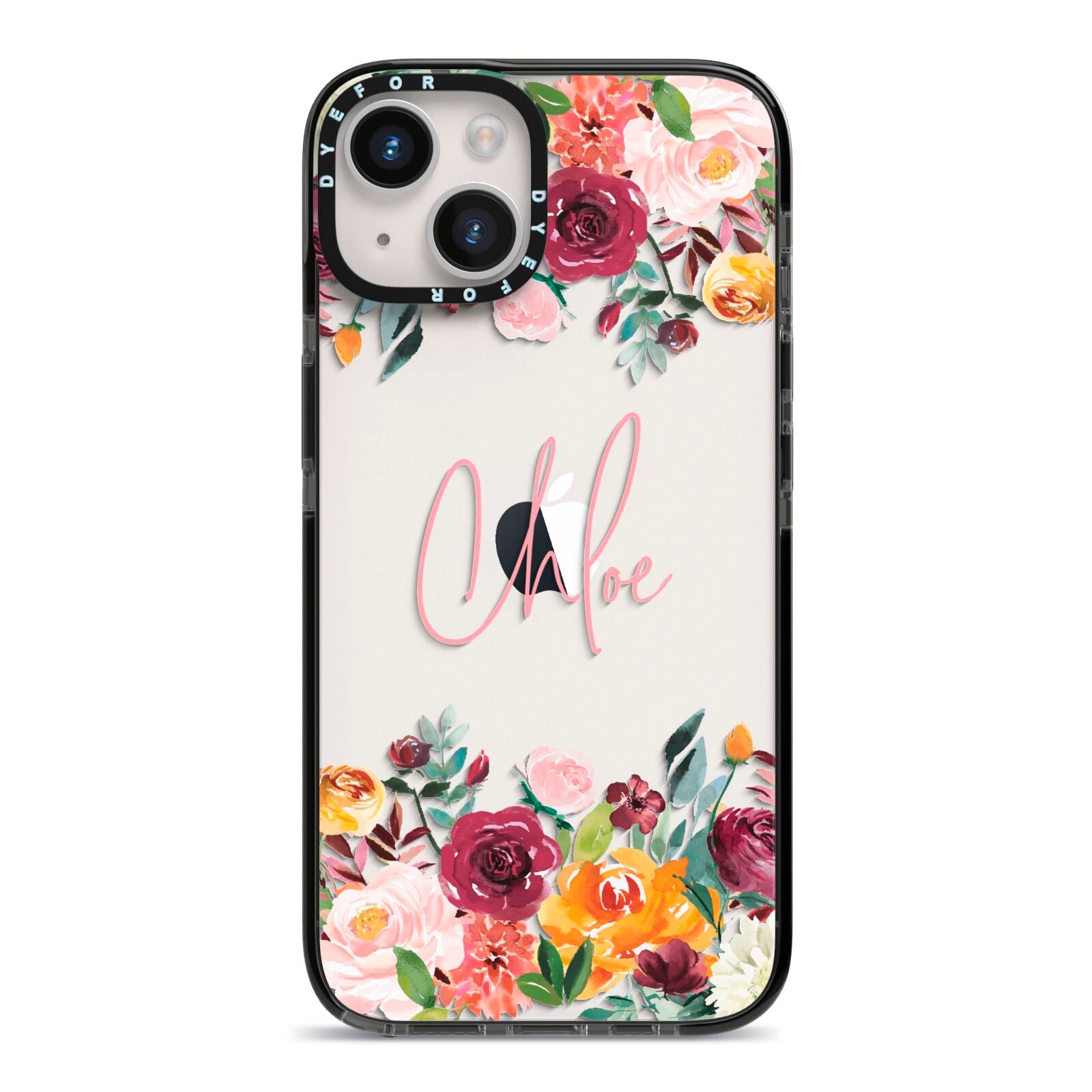Personalised Name Transparent Flowers iPhone 14 Black Impact Case on Silver phone