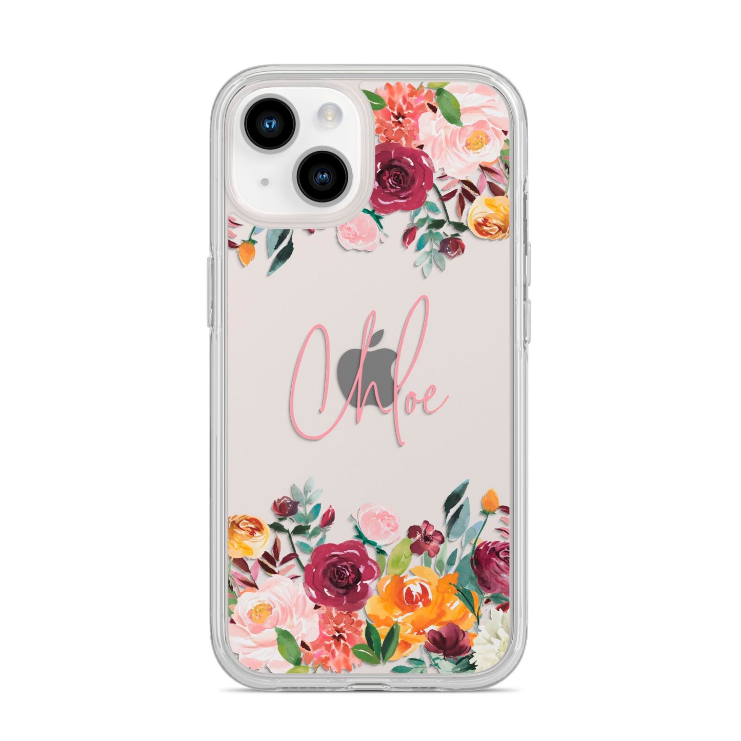 Personalised Name Transparent Flowers iPhone 14 Clear Tough Case Starlight