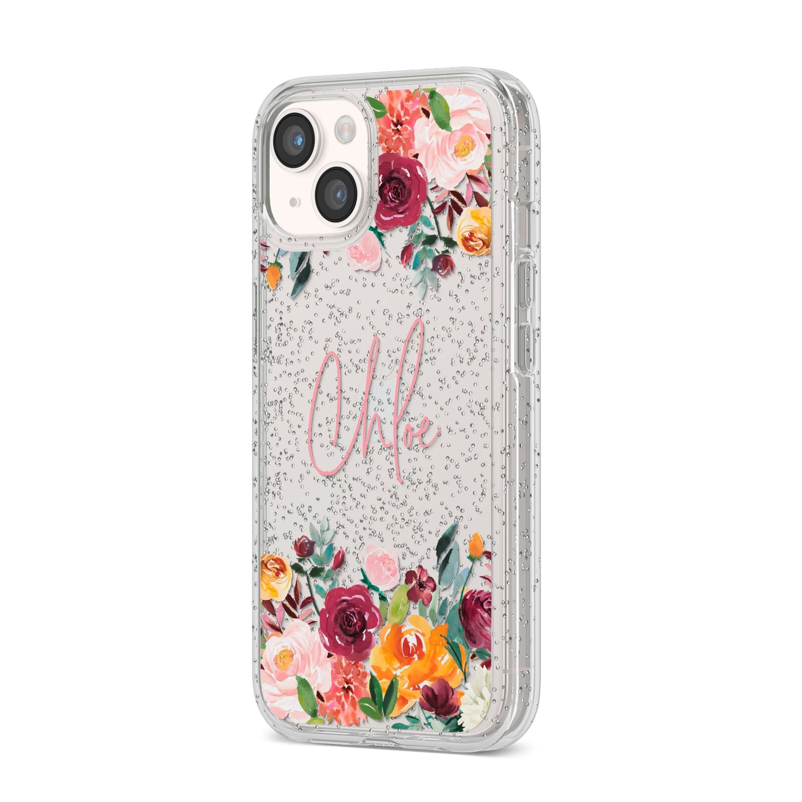Personalised Name Transparent Flowers iPhone 14 Glitter Tough Case Starlight Angled Image