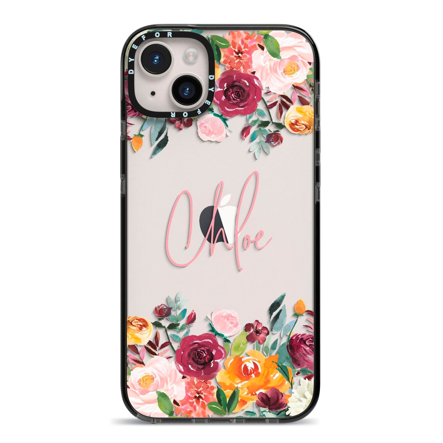 Personalised Name Transparent Flowers iPhone 14 Plus Black Impact Case on Silver phone