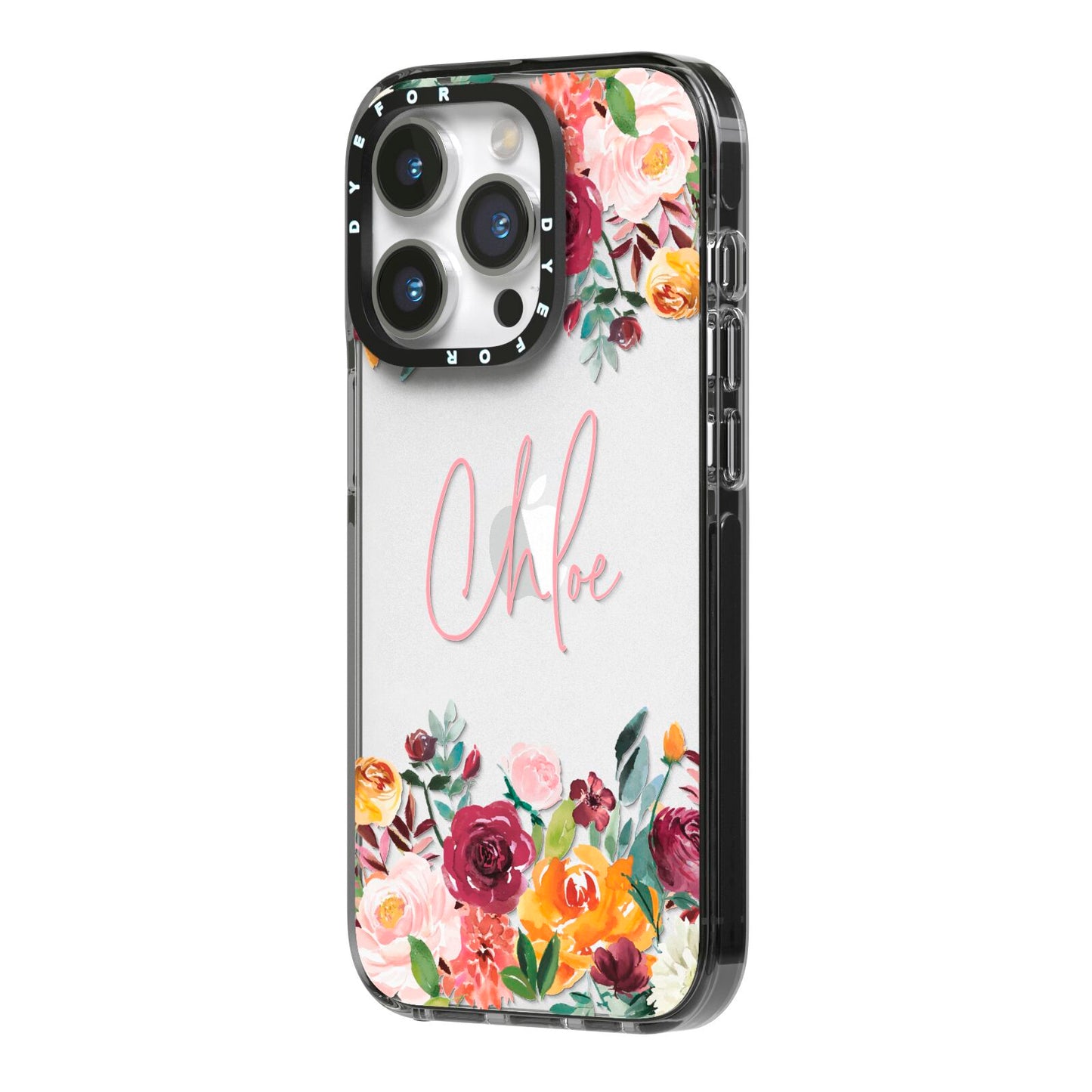 Personalised Name Transparent Flowers iPhone 14 Pro Black Impact Case Side Angle on Silver phone