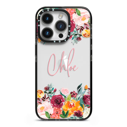 Personalised Name Transparent Flowers iPhone 14 Pro Black Impact Case on Silver phone