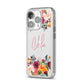 Personalised Name Transparent Flowers iPhone 14 Pro Clear Tough Case Silver Angled Image