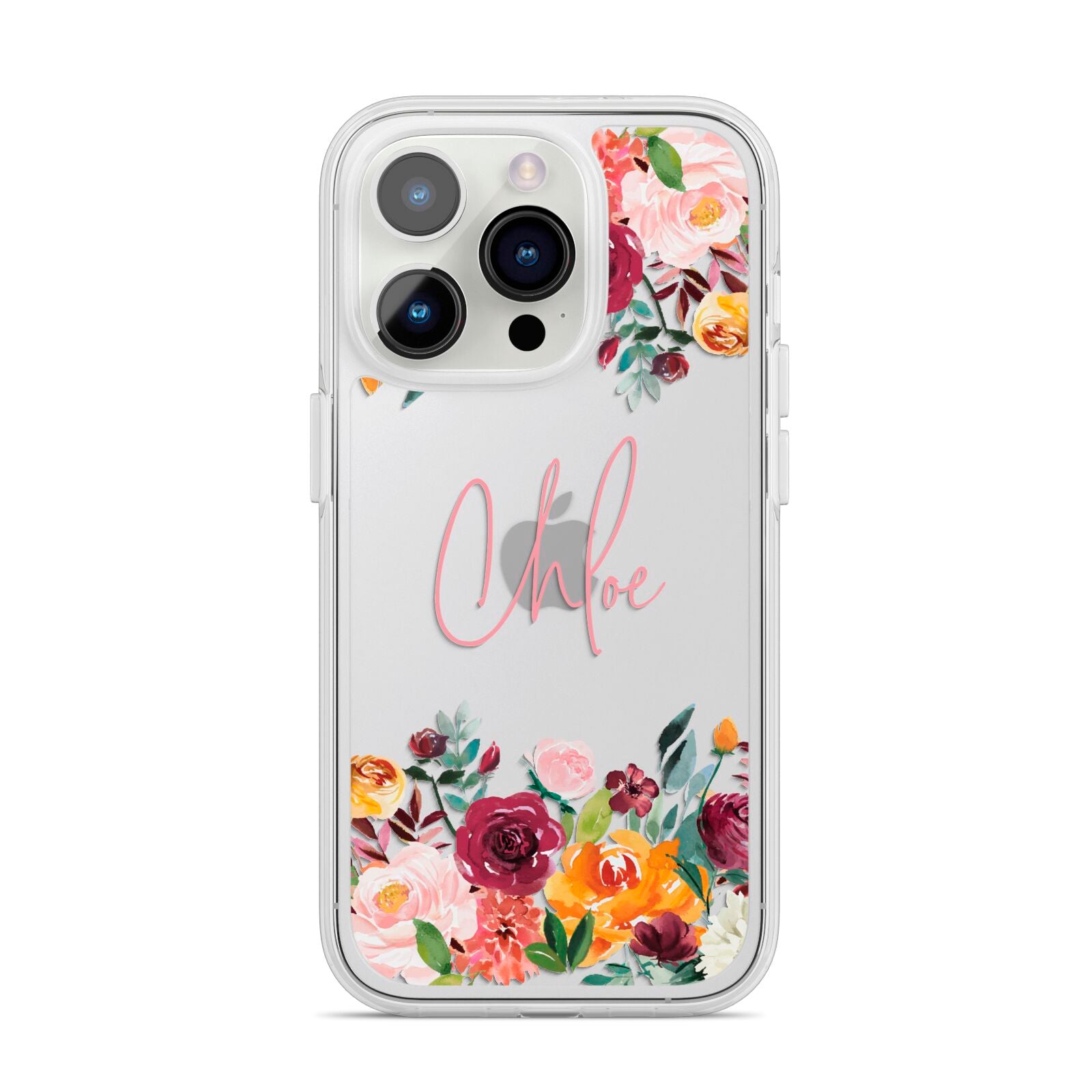 Personalised Name Transparent Flowers iPhone 14 Pro Clear Tough Case Silver