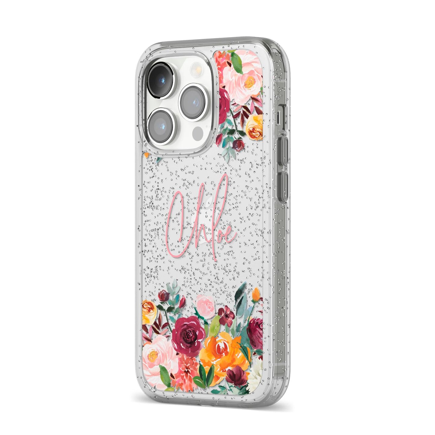 Personalised Name Transparent Flowers iPhone 14 Pro Glitter Tough Case Silver Angled Image