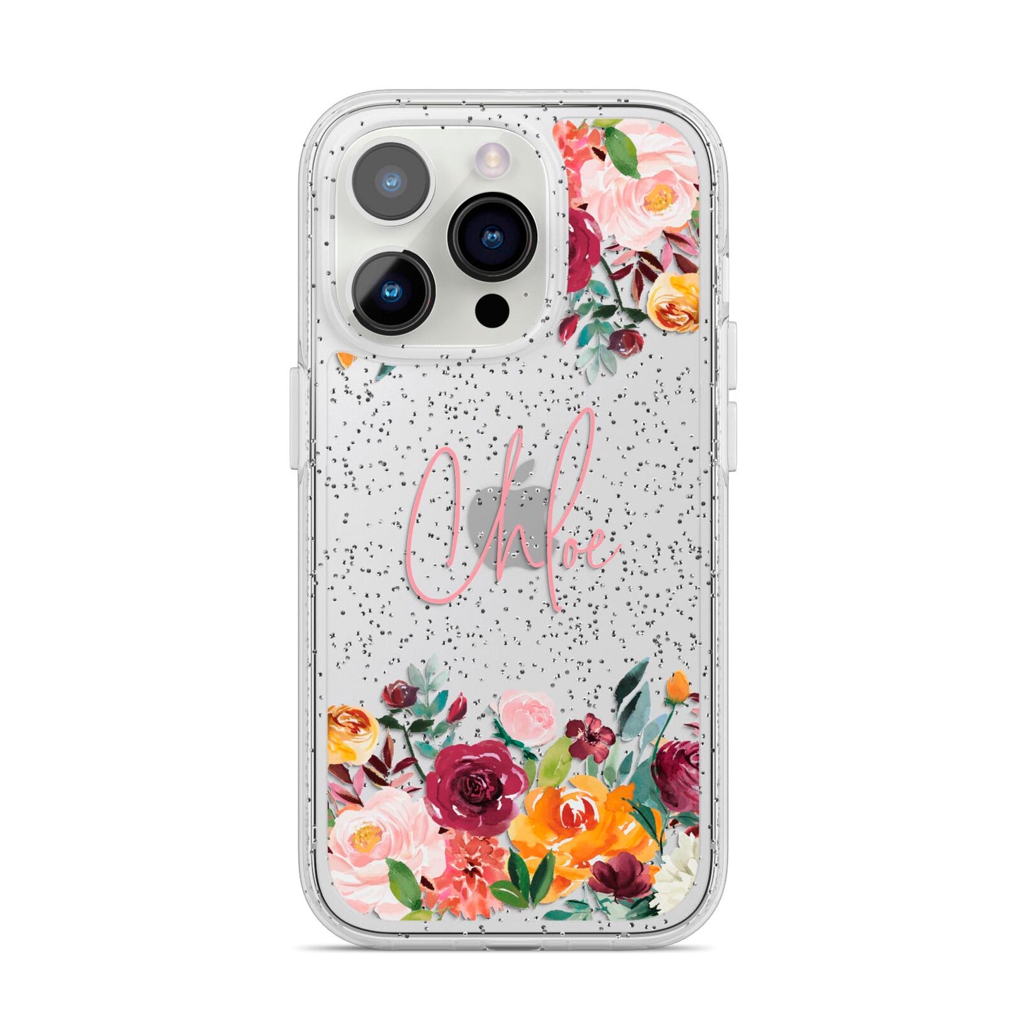 Personalised Name Transparent Flowers iPhone 14 Pro Glitter Tough Case Silver