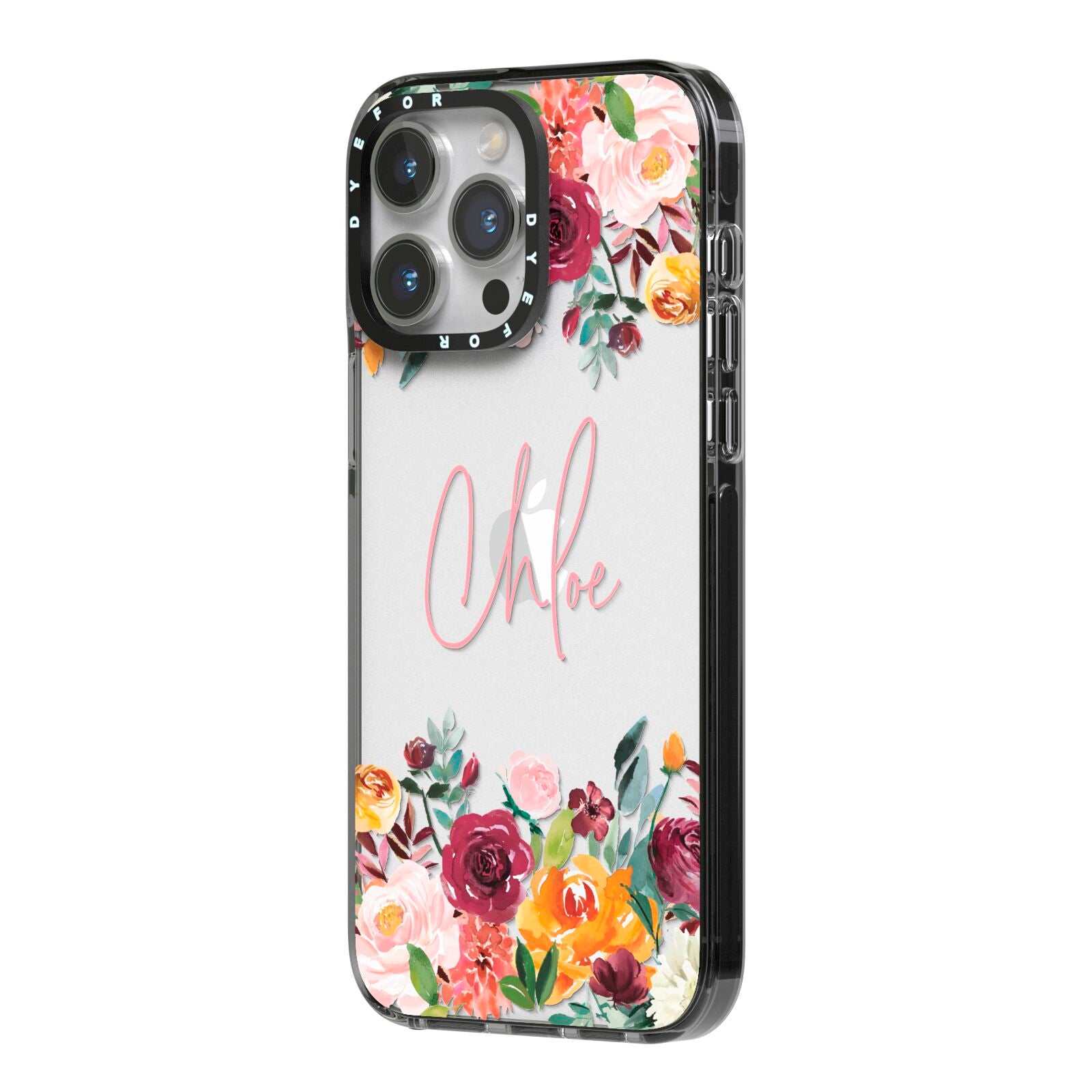 Personalised Name Transparent Flowers iPhone 14 Pro Max Black Impact Case Side Angle on Silver phone