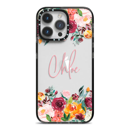 Personalised Name Transparent Flowers iPhone 14 Pro Max Black Impact Case on Silver phone