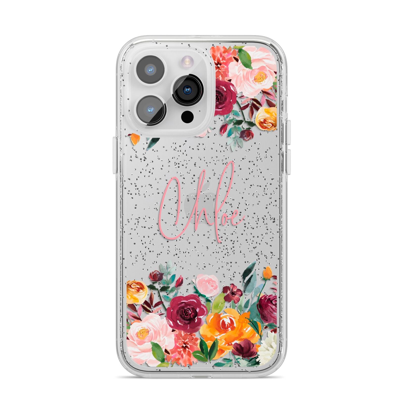 Personalised Name Transparent Flowers iPhone 14 Pro Max Glitter Tough Case Silver